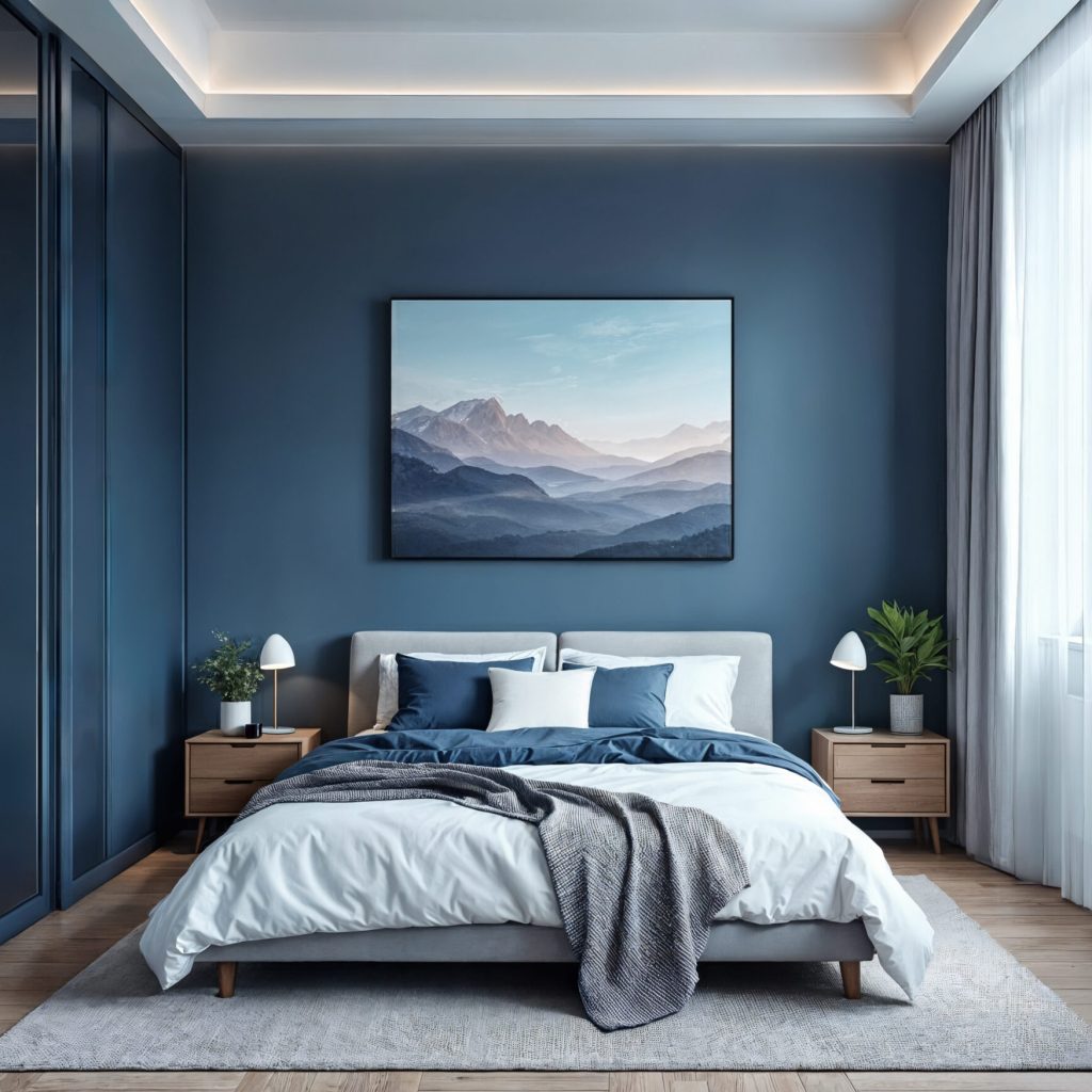 modern bedroom interior with blue accents